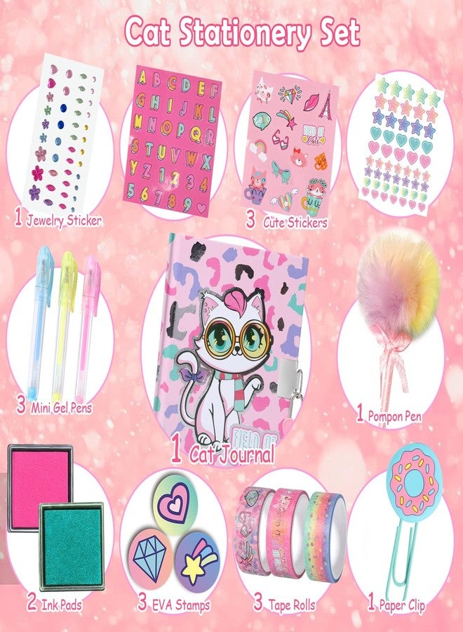 YOYTOO Cat Diary for Girls with Lock, Cat Stationery Set with Secret Diary, Stamps, Pens, Journal Notebook Birthday Gifts for Little Girls Age 5 6 7 8 9 10 - Image 4